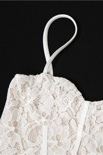 Lace Sweetheart Corset Spaghetti Strap Ruffle Slit Maxi Gown