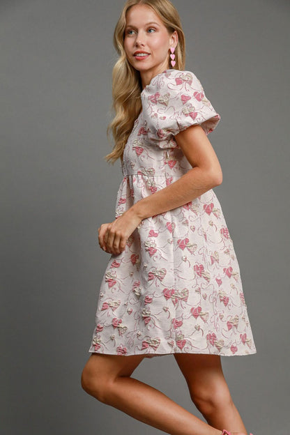 Heart and Bow Jacquard Square Neck Puff Sleeve Babydoll Mini Dress