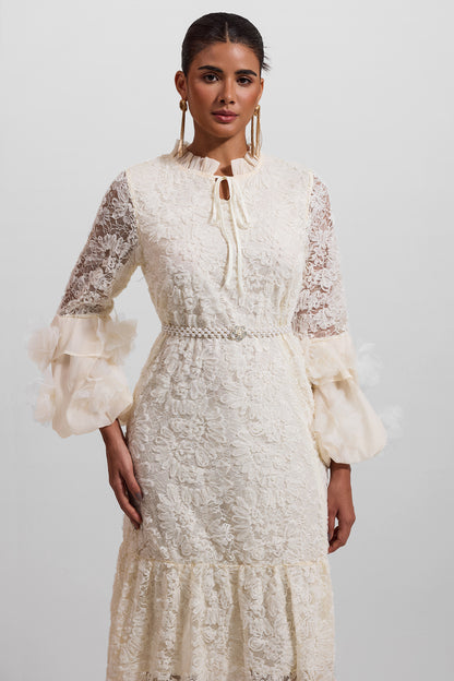 Solid Lace 3D Floral Midi Dress With Faux Pearl Belt