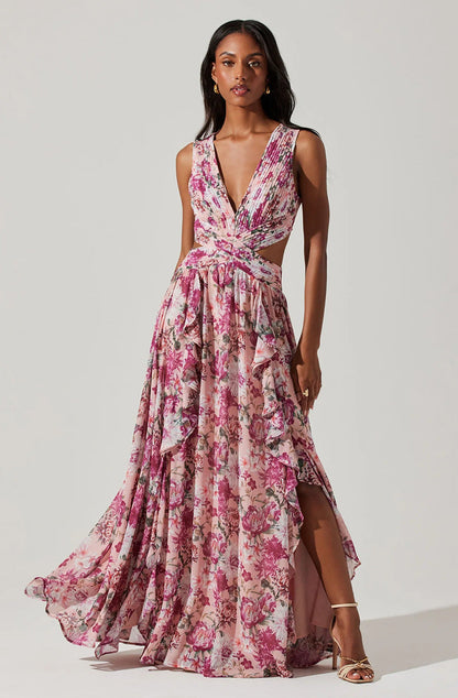 Sweet Floral Tiered Maxi Dress with Side Slit – French Style