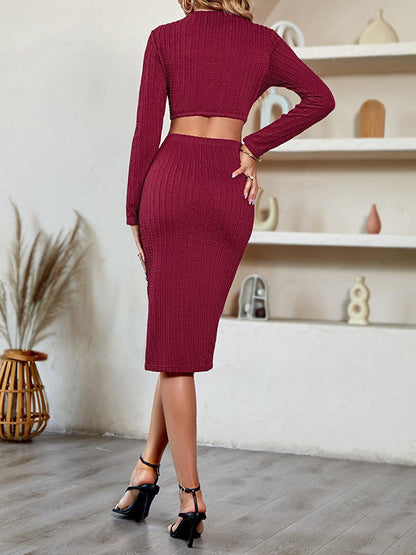 A-Line Long Sleeves Hollow Solid Color Split-Side Round-Neck Midi Dresses