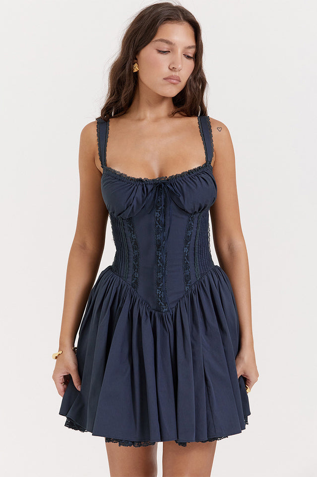 Square Neck Lace Trim Corset Bodice Pleated Fit and Flare Mini Dress