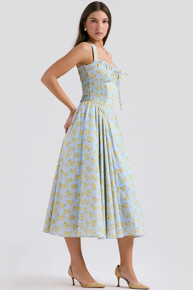Halter Sweetheart Neck Lace Trim Ditsy Floral Corset Bodice Midi Dress