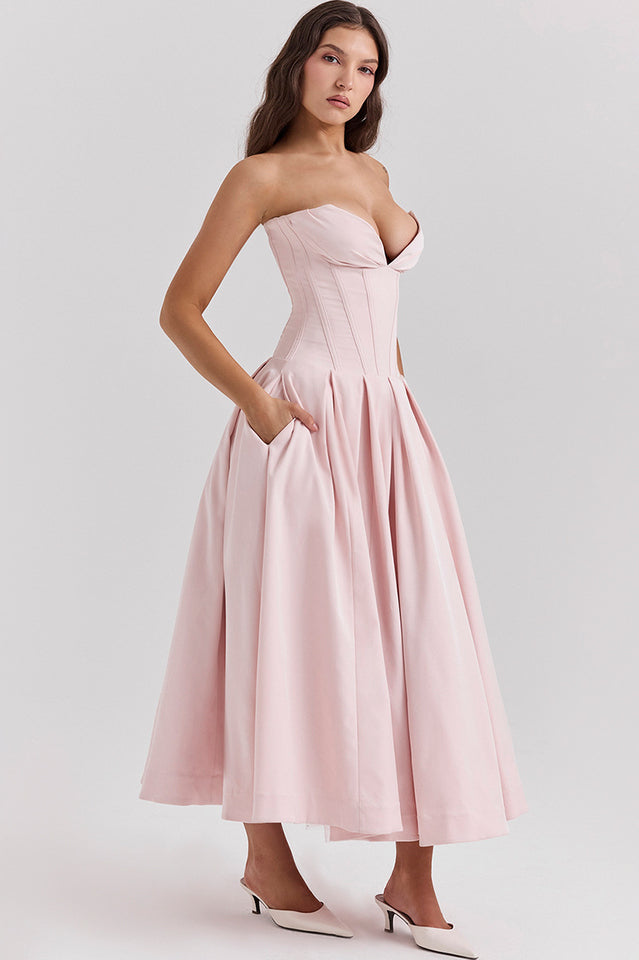 Strapless Deep Plunge Corset Boned Pleated A-Line Midi Dress