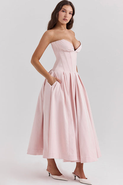 Strapless Deep Plunge Corset Boned Pleated A-Line Midi Dress