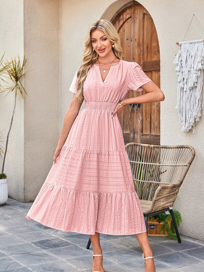 V-neck, Gathered, Puff Sleeve, Full Skirt, Short-sleeved Long Dress