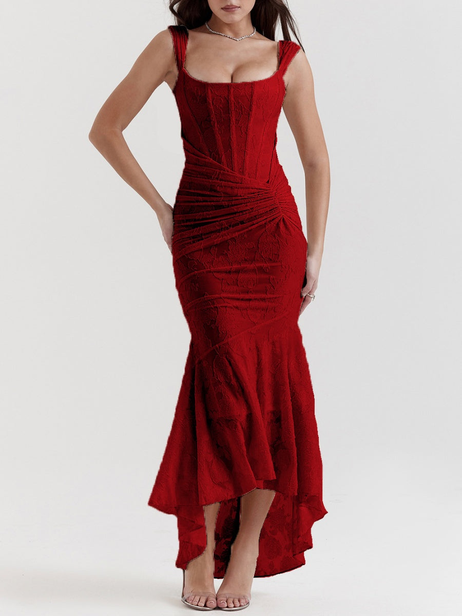 Sleeveless Solid Color Off-shoulder Sleeveless Fishbone Waist Dress