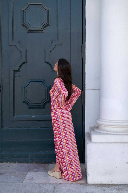 Scallop Circle Print Deep V-Neck Long Sleeve Front Slit Maxi Dress
