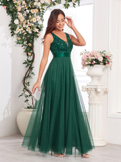 V-neck Embroidery Sequins Elegant Gauze Formal Dress Maxi Dresses