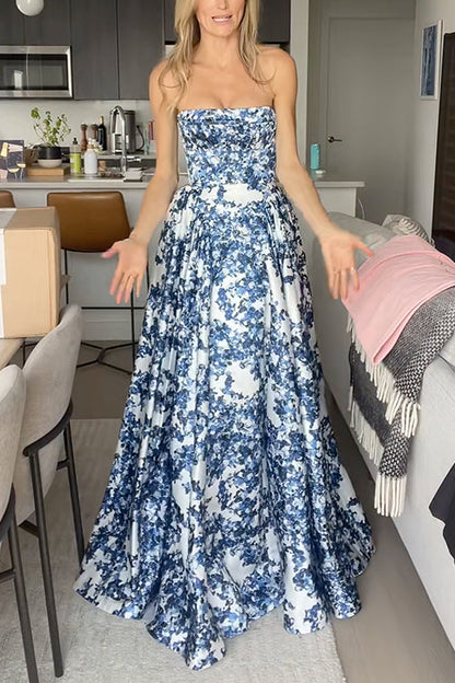 Margovil Strapless Back Lace-up Print Maxi Party Dress