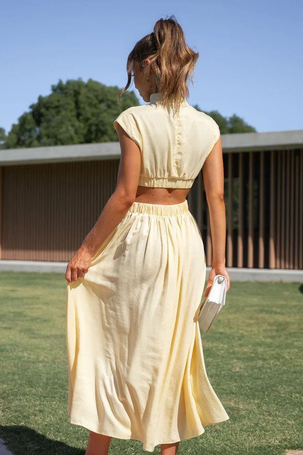 Mock Neck Ruched Bodice Waist Cut Out Flowy Midi Dress