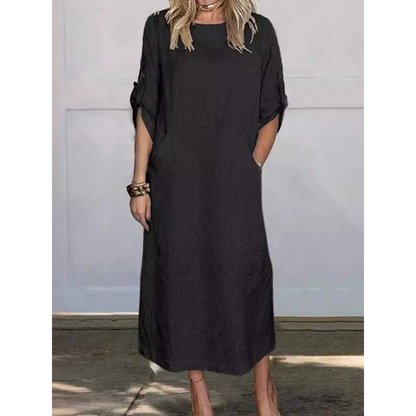 Linen Blend Roll Tab Sleeve Patch Pocket Relaxed Midi Dress