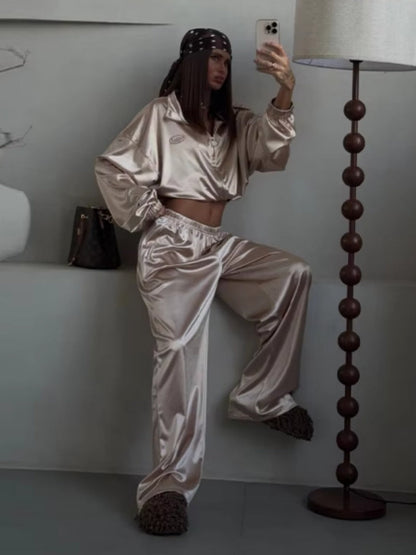 Zippered Loose Sweatshirt Jacket And Wide-Leg Pants Two-Piece Set