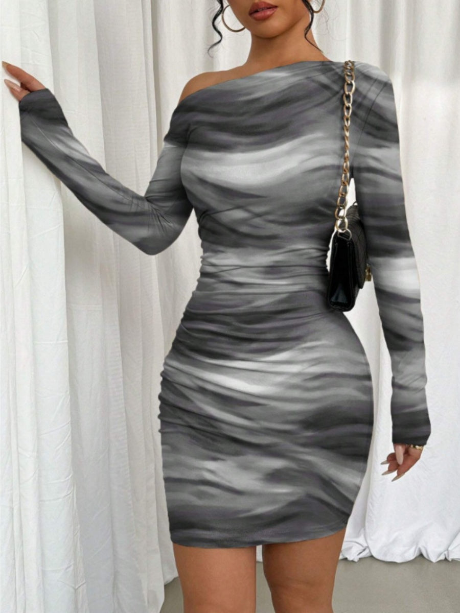 Pleated Slim-fit Hip-hugging Slant Collar Printed Mini&Short Dresses