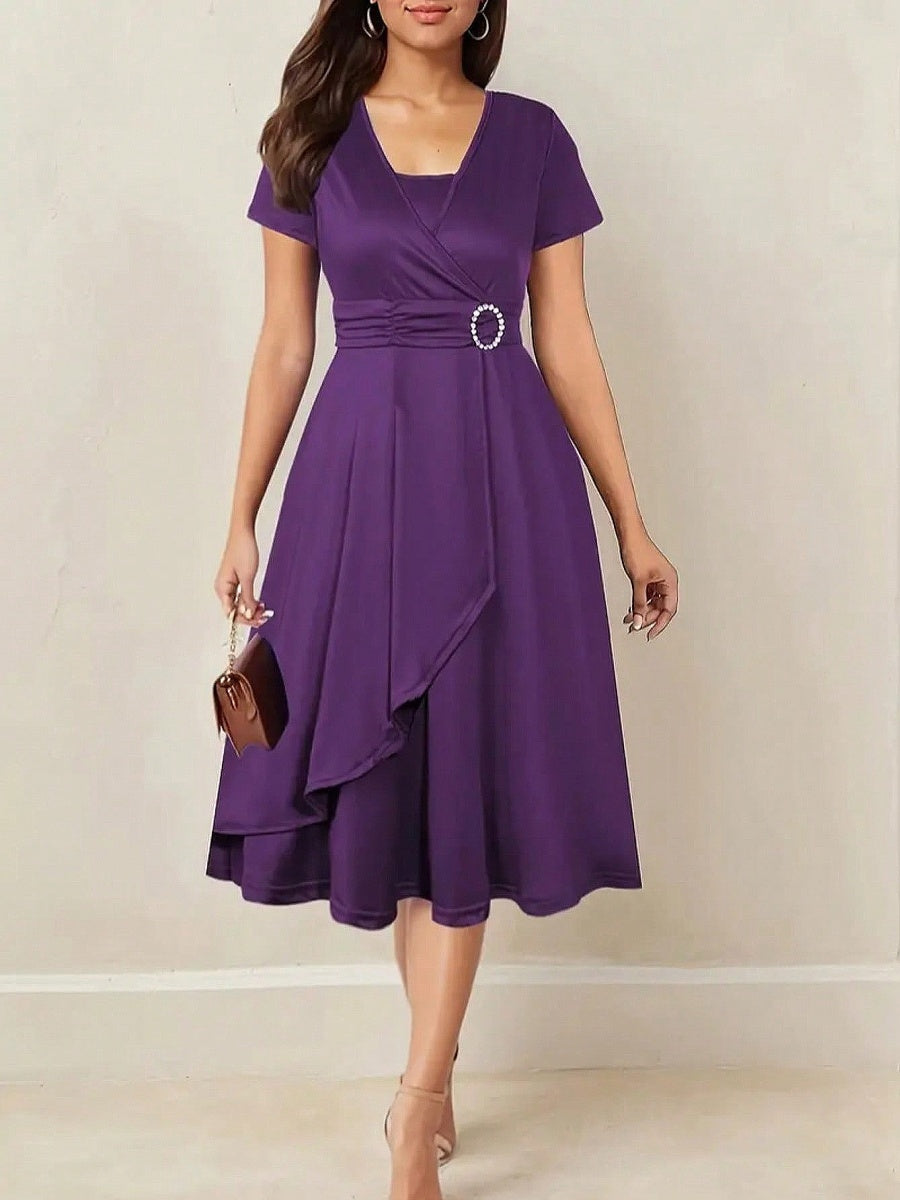 Grace Asymmetrical Knitting Large Skirt V-neck Midi Dresses