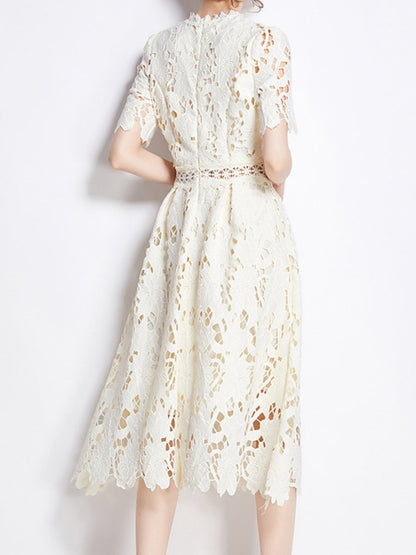 Water-soluble Lace Short-sleeved Slim-fit Midi Dress