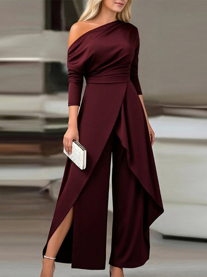Sloping Shoulders Asymmetrical High Waist Slit Jumpsuits