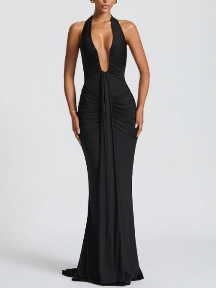 Halter Neck Deep V-neck Fitted Waist Long Dress Sexy Backless Ribbon Fishtail Long Dress
