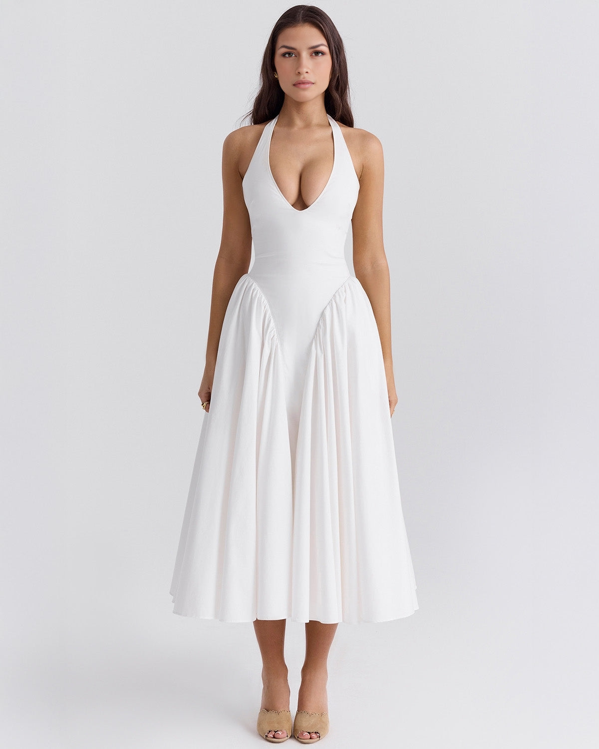 Halter Neck Plunging V Neck Dropped Waist Pleated Full Skirt Midi Dress