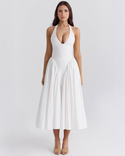 Halter Neck Plunging V Neck Dropped Waist Pleated Full Skirt Midi Dress