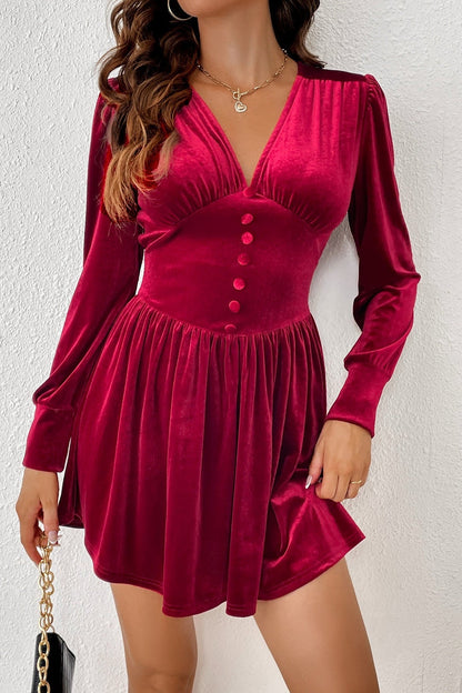 Velvet V-Neck Button Slim Long-Sleeve Mini Dress