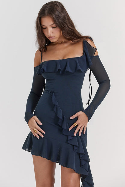 Square Neck Ruffle One Shoulder Long Sleeve Asymmetric Ruffle Hem Mini Dress