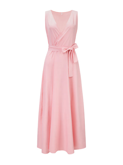 Soft Pink V-Neck Dresses Lace Up Sleeveless Layered Prom Maxi Dress 2026
