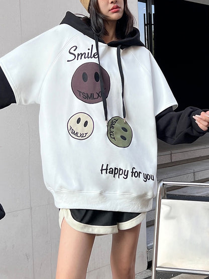 Smiling Print Splice Drawstring Oversized Hoodie