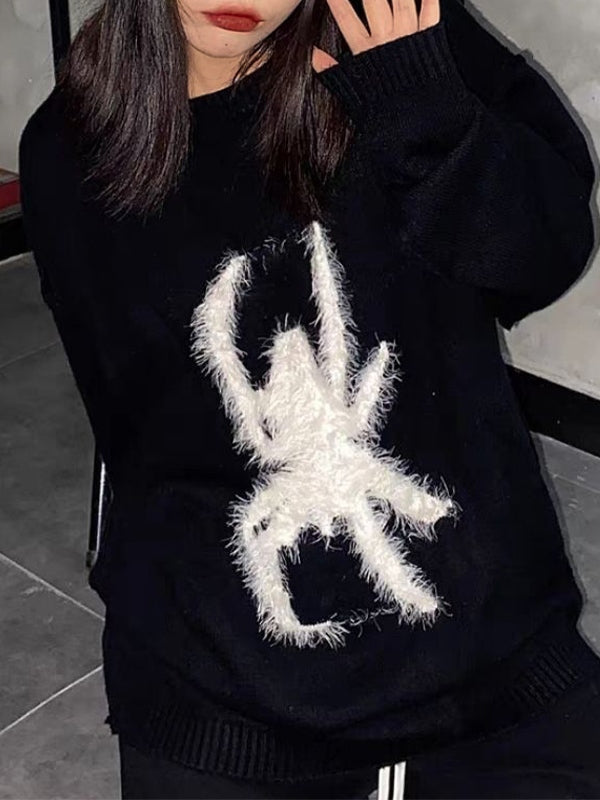 Plush Spider Print Loose Sweater