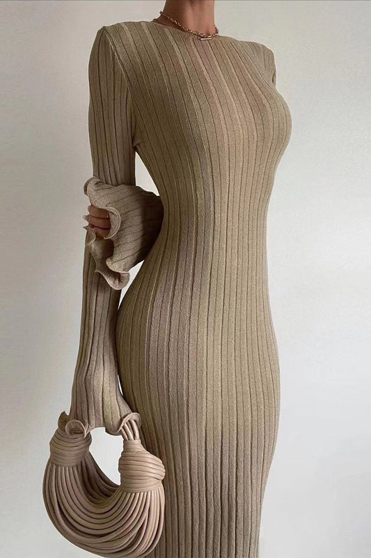 Sexy Bodycon Ruffled Long Sleeve Knit Maxi Sweater Dress