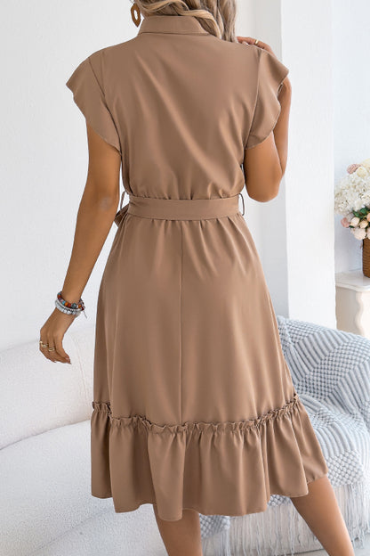 Solid Color Stand Collar Button Waist Tie Casual Midi Dress