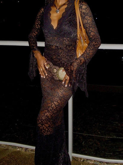 Deep V Lace Pattern See-Through Slim Fit Maxi Dress