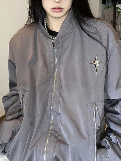 Solid Color Metal Star Decor Bomber Jacket