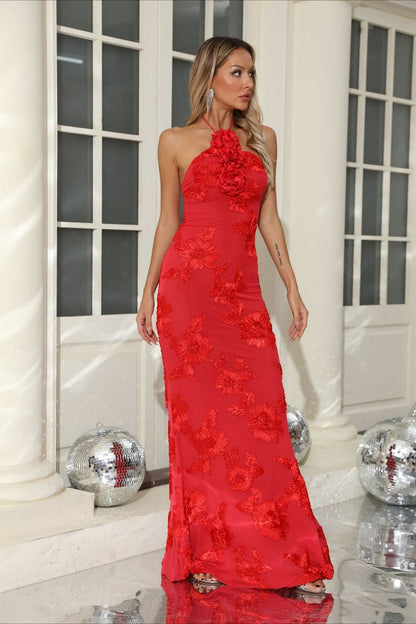 Sexy Halter 3D Flower Embroidery Open Back Bodycon Party Dress