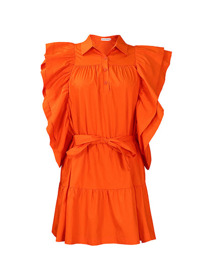 A-Line High Waisted Buttoned Pleated Ruffled Solid Color Tied Waist Lapel Mini Dresses