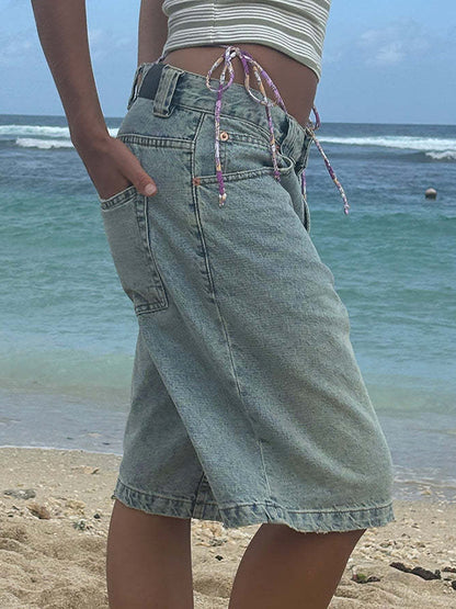 Non-Elastic Slimming Denim Shorts