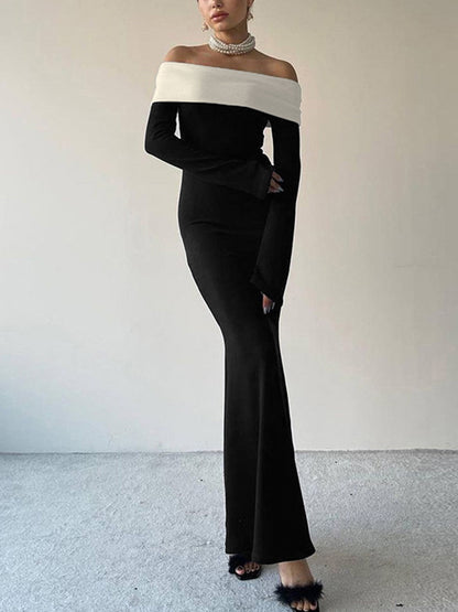 Contrast Color Trim Off Shoulder Long Sleeve Maxi Dress