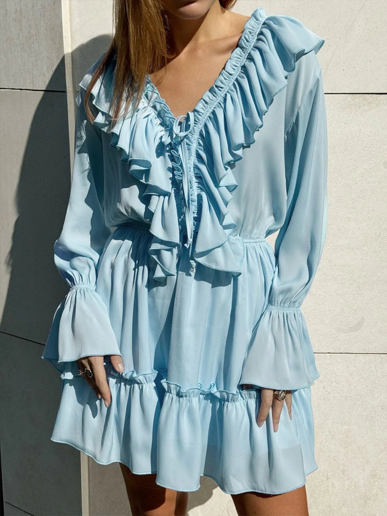 Chiffon Deep V-Neck Ruffle Trim Bell Sleeve Tiered Mini Dress