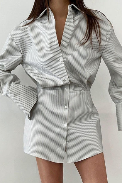 Pinstripe Point Collar Deep V Wide Cuff Long Sleeve Belted Mini Shirt Dress