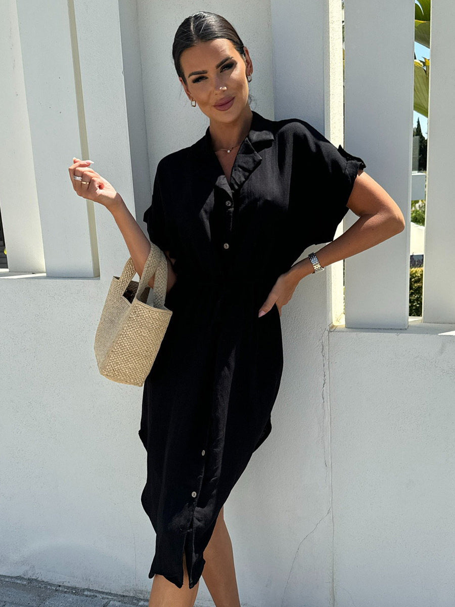 Shirt Dresses Black Turndown Collar Lace Up Short Sleeves Polyester Dresses Midi Dress