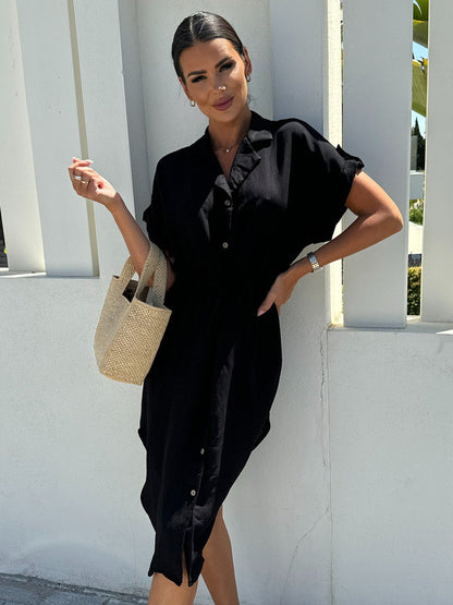 Shirt Dresses Black Turndown Collar Lace Up Short Sleeves Polyester Dresses Midi Dress