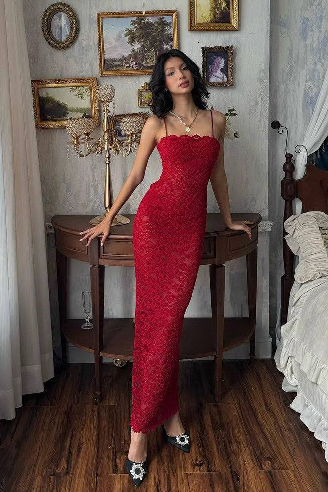 Spaghetti Strap Scalloped Lace Overlay Bodycon Maxi Dress