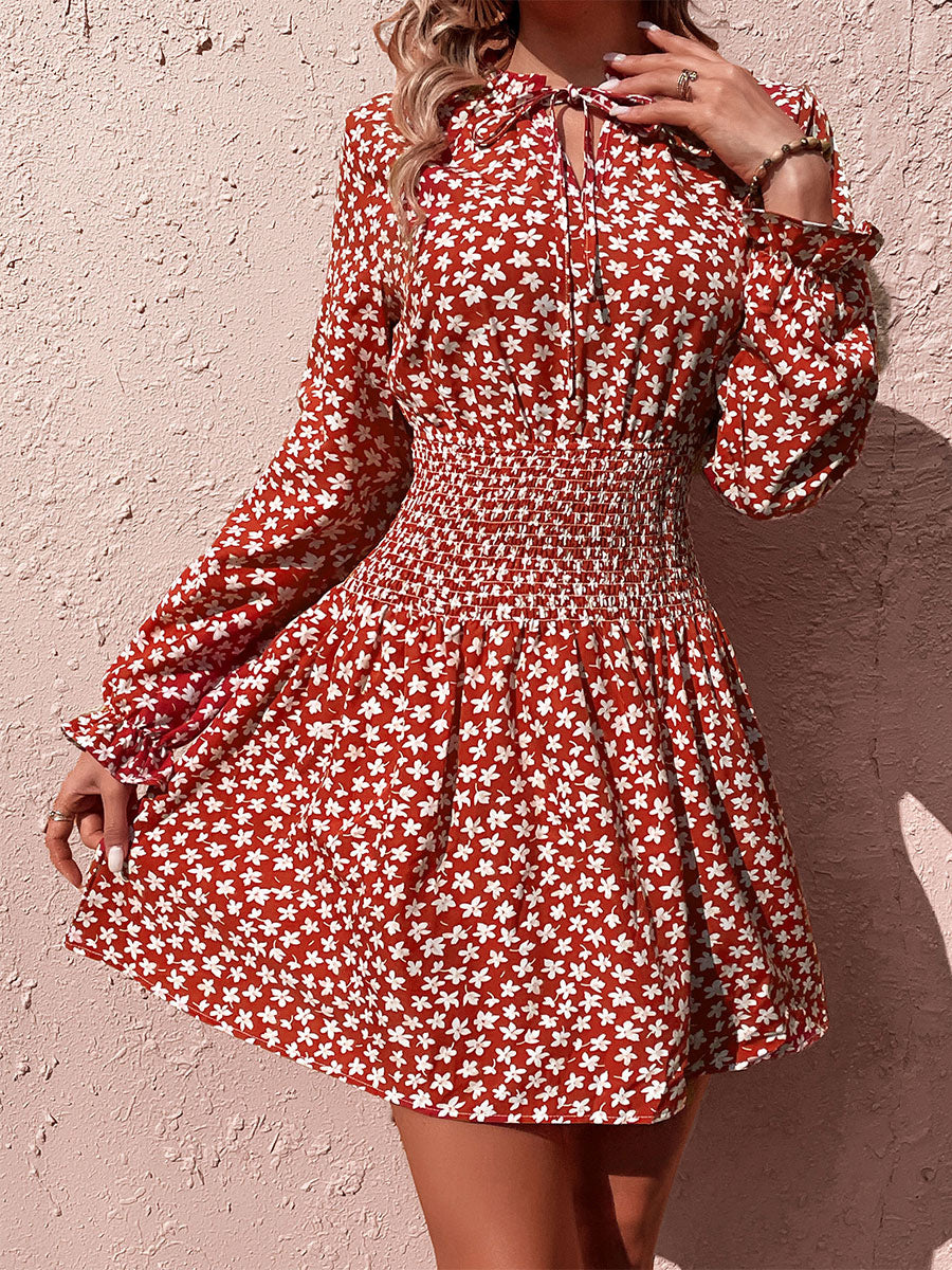 Mini Dresses Burgundy Floral Print Long Sleeves Short Dress