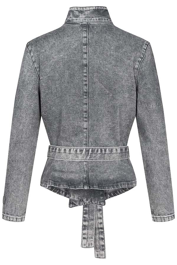 Casual Meetup Denim Stand Neck Long Sleeve Belted Loose Jacket