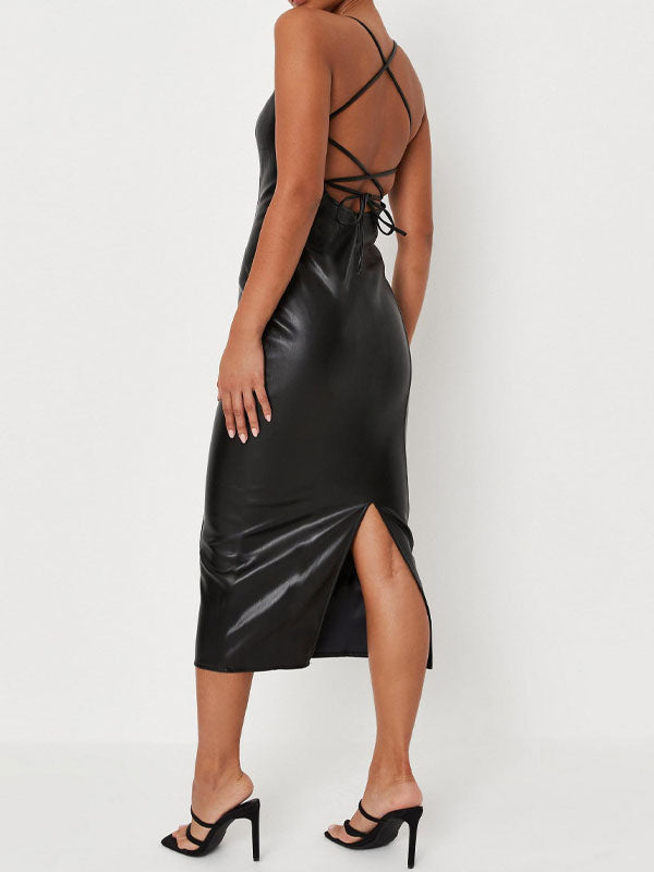 Birthday Open Shoulder PU Leather Sexy Straps Neck Sleeveless Midi Dress