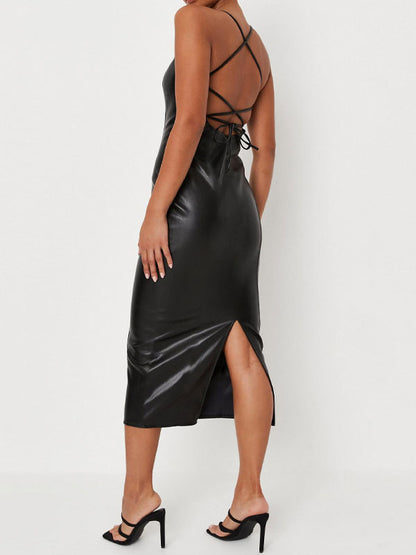 Birthday Open Shoulder PU Leather Sexy Straps Neck Sleeveless Midi Dress