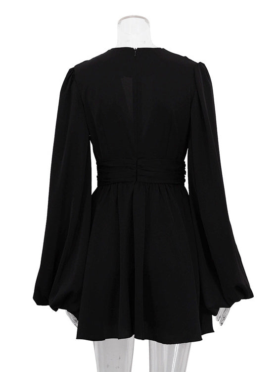 Skater Dresses V-Neck Long Sleeves Pleated Sexy Flared Dress Mini Dresses