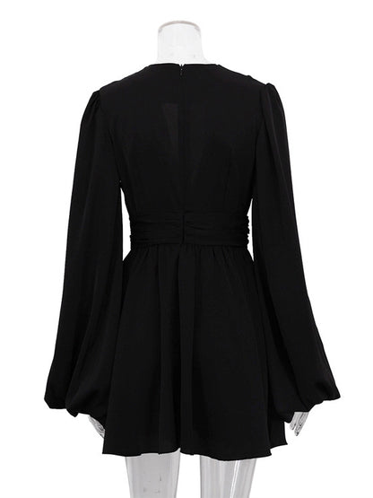 Skater Dresses V-Neck Long Sleeves Pleated Sexy Flared Dress Mini Dresses