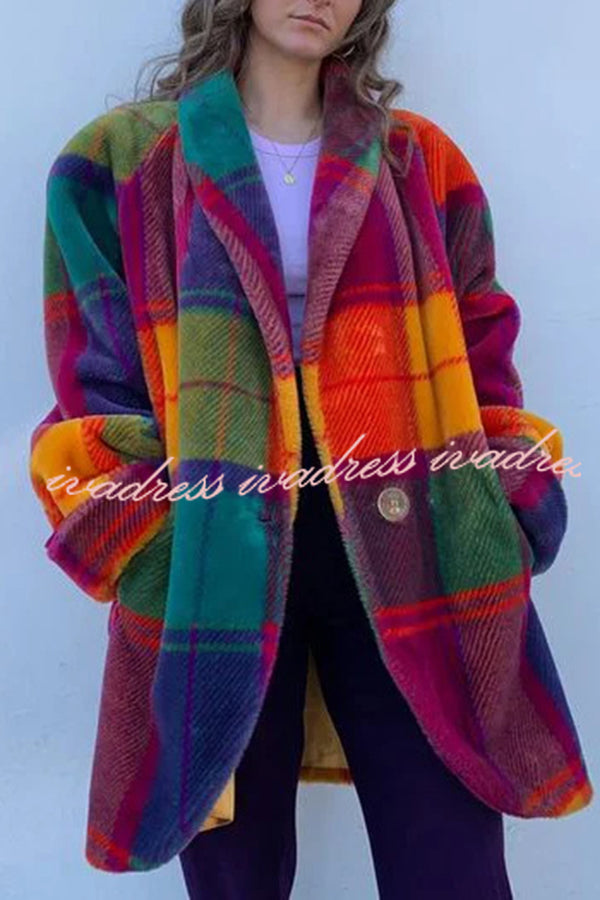 Show Stopping Plush Lined Lapel Color Blocked Long Sleeved Coat