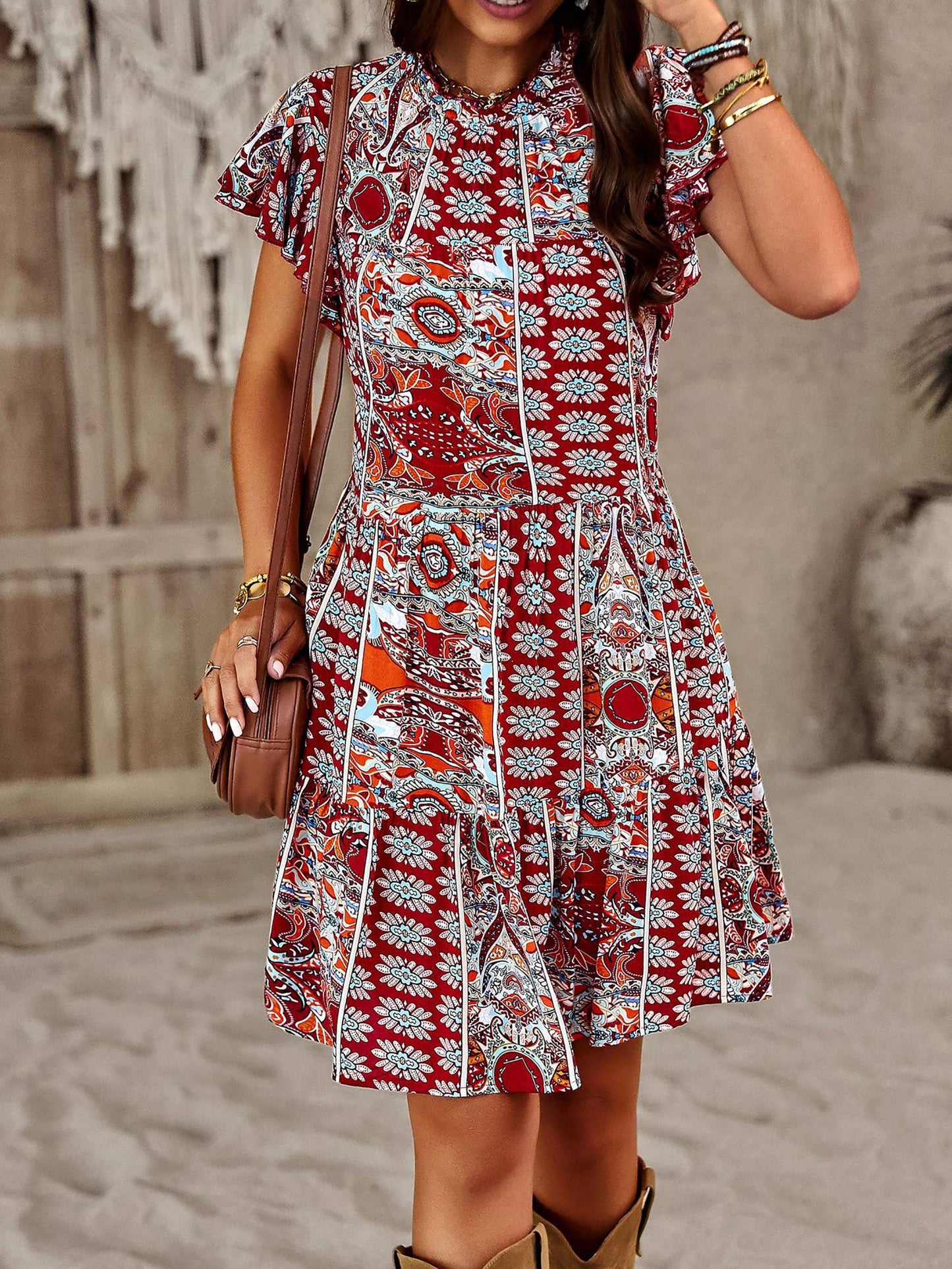 Ruffle Sleeve Round Neck Loose Pleated Mini Dress